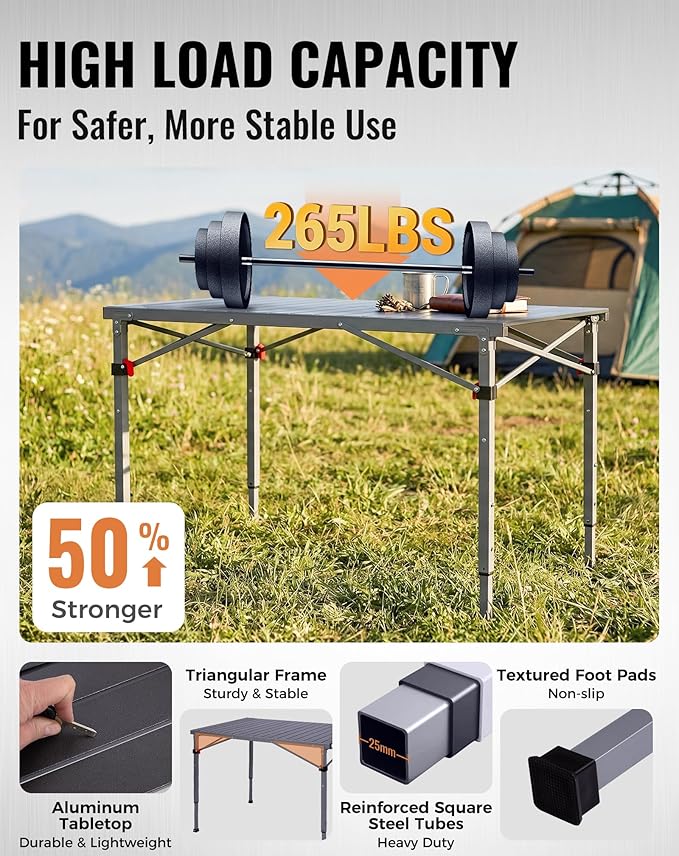 KingCamp Folding Camping Table Foldable Loads 265 Lbs, 42.1"× 27.6" Portable Table 3 Adjustable Height Aluminum Roll Up Camp Table with Carry Bag for Camping Picnic BBQ Backyard, Indoor & Outdoor