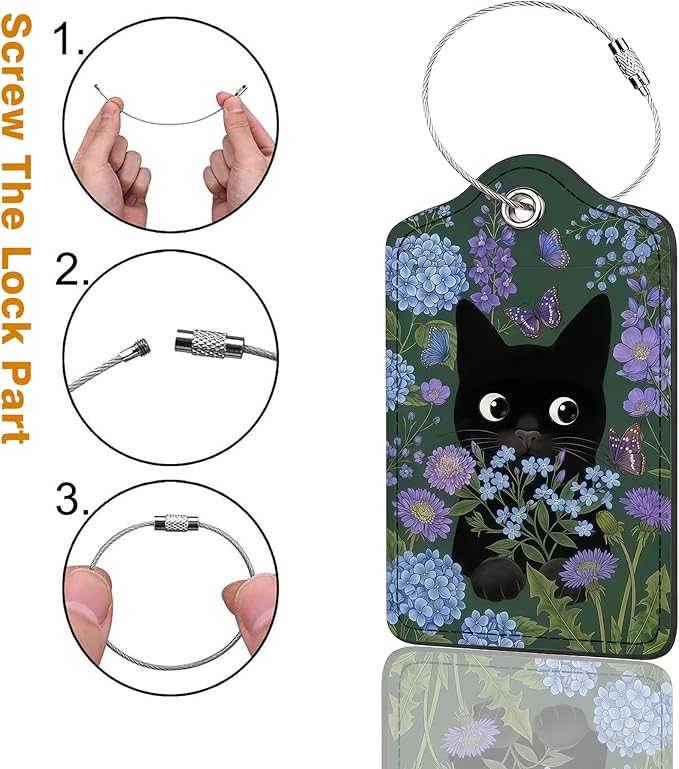 2 Pack Luggage Tag for Suitcase, Cute Unique Leather Bag Tags Identifiers Privacy Cover ID Label with Durable Steel Loop for Women Men Kids Girls Travel (BlackcatskyB)