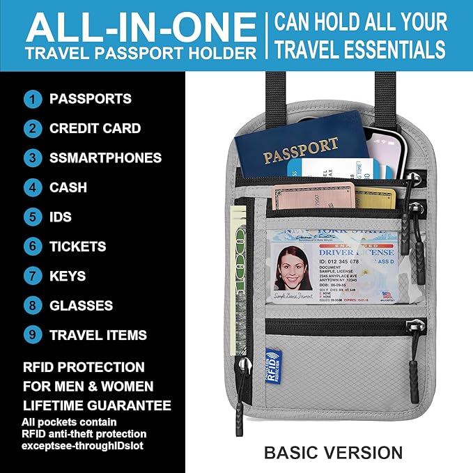 Neck Wallet with RFID Blocking - Hidden Travel Passport Holder Pouch | Concealed Under Clothing, Anti-Theft Security | Adjustable & Lightweight for Vacation, Airports