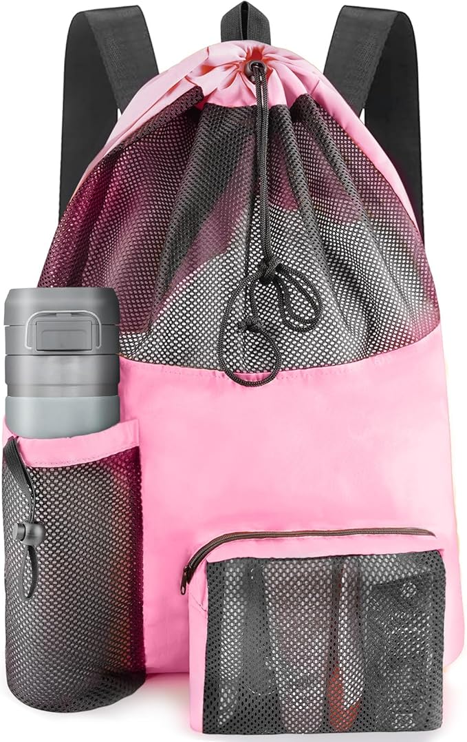 HOHOM Swim Mesh Beach Bag, Waterproof Gym Bags for Women and Men, Large Pool Bag Swimming Gear Drawstring Backpack