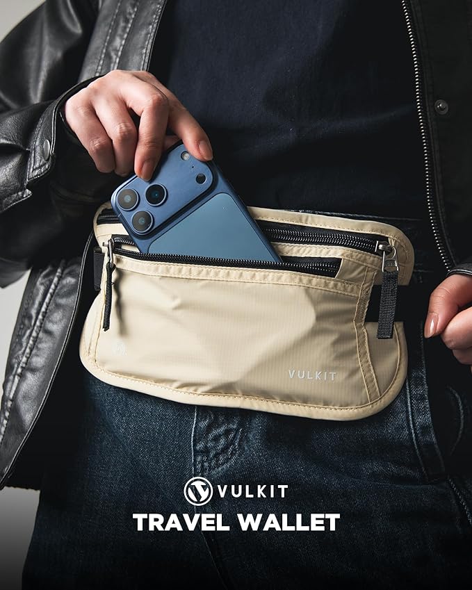VULKIT Money Belt for Travel, Hidden Passport Holder, Anti-Theft Travel Wallet Under Clothes, RFID Blocking Waist Pouch, Undercover Fanny Pack, Cream White