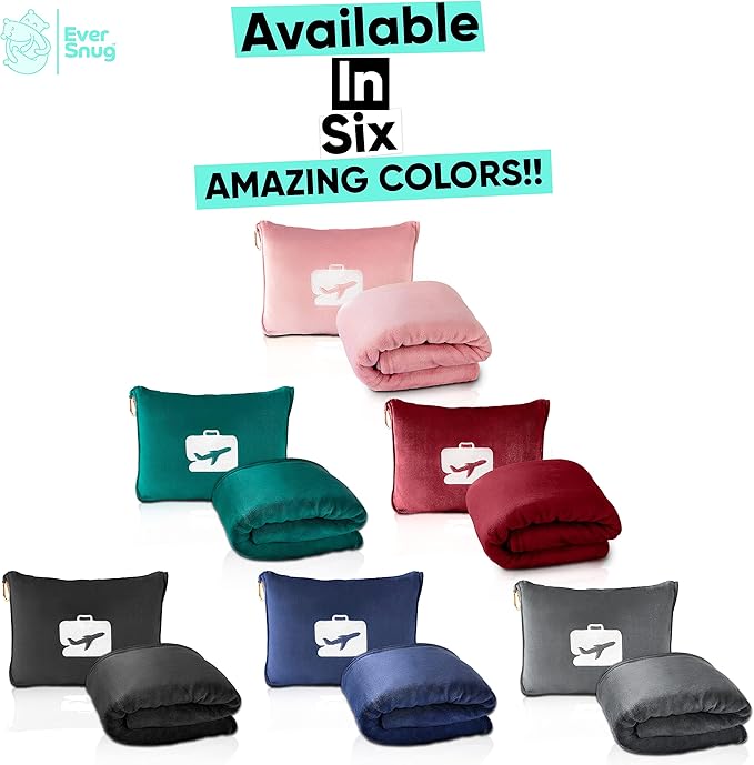 EverSnug Travel Friendly Blanket and Pillow Bundle – Airplane Travel Essentials with Soft Bag Pillowcase for Women & Kids | Color Includes Pink & Teal