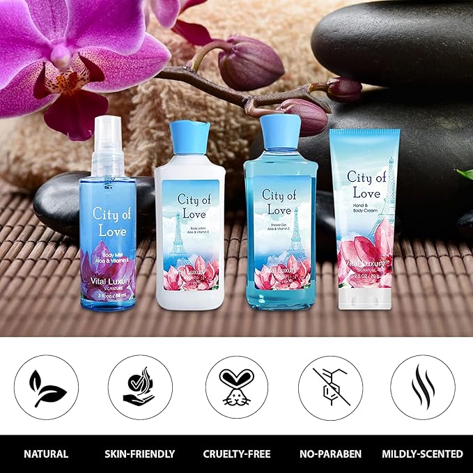 Bath & Body Kit, 3 Fl Oz, Ideal Skincare Gift Home Spa Set, Includes Body Lotion, Shower Gel, Body Cream, and Fragrance Mist, Birthday Mother's Valentine's Day Gifts(City of Love)