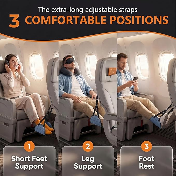 Airplane Footrest Hammock, Adjustable Foot Rest for Long Flights - Travel Must-Haves and Travel Essentials,Portable Airplane Gadgets for Flying Comfort(Navy Blue,1 Pack)
