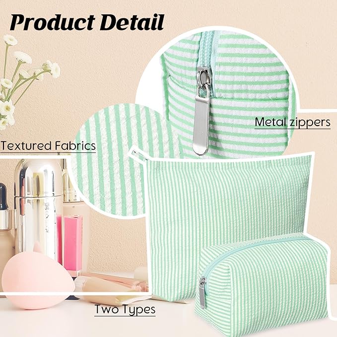 Huhumy 2 Pcs Makeup Bag Set Cute Cosmetic Pouch for Women Seersucker Travel Toiletry Bag Preppy Small Makeup Purse Pouch Aesthetic Skincare Brushes Storage Organizer for Valentine Women(Green)
