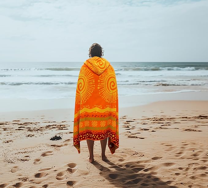 COTTON CRAFT Hooded Beach Towel - Oversized XXL 35x84 Towel with Hood for Adults - The Big Kahuna 7 Foot Extra Large Beach Blanket Towel - Big & Tall Soft 100% Cotton Velour - Sunshine Orange Yellow