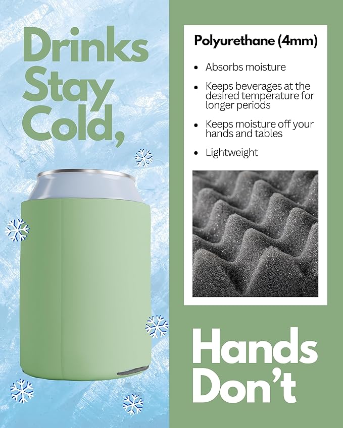 PartyPrints 100 Pack Mint Blank Can Cooler Sleeves, Customizable Bulk Insulated Foam for Beer, Collapsible Plain Drink Holder, Cold Soda Insulator, 12oz Regular, 16oz Tall Cans