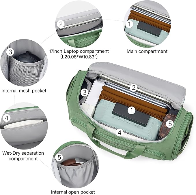 Hanke Large Capacity Travel Duffel Bag, Carry On Luggage with 12 Pockets, 17 Inch Laptop Compartment, Wet Dry Separation & Independent Shoe Bag, Foldable Duffel Bag for Women Men（Forest Green）