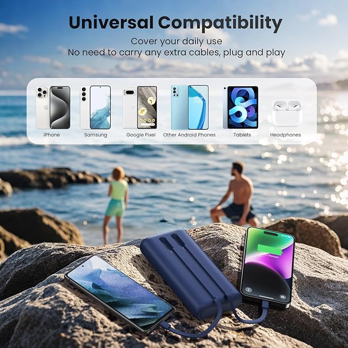 Upgraded Portable Charger 40800mAh Power Bank - Portable Battery with 2 Built in Cables,PD 25W USB C Fast Charging, 5 Outputs Battery Pack Compatible with iPhone 17 16 15 14 Android Phone etc-Navy