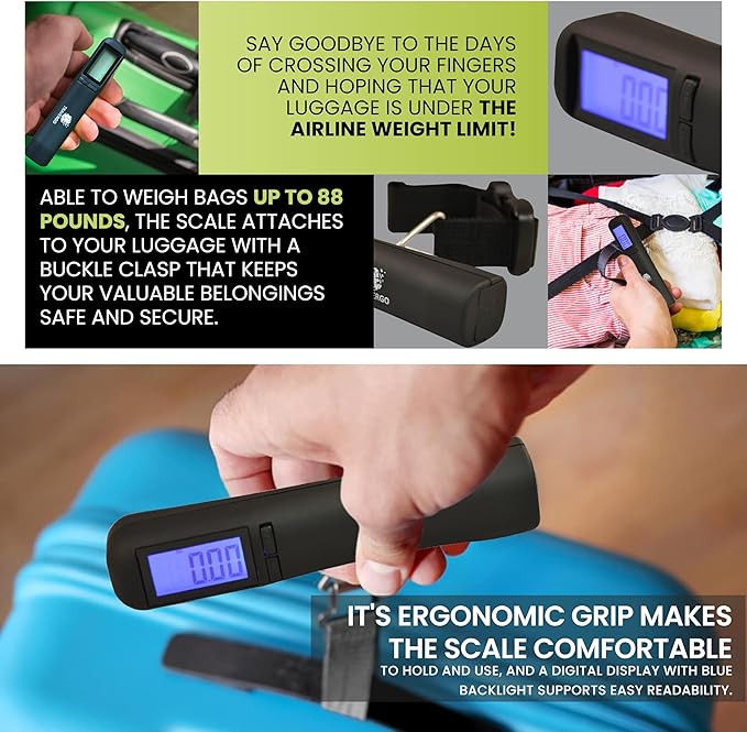 GoGreen Power (TR1320BK) Digital Luggage Scale, Digital Weighing Scale with Strap, Battery Powered Baggage Scale with Built-in lbs/kg Conversion, Measures up to 88 lbs / 39.9 kgs, Black