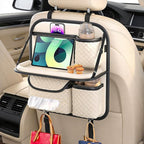 PU Leather Backseat Car Organizer with Tray, Cup Holder, Tablet Pocket & Tissue Holder, Back Seat Car Organizer for Kids and Women, Universal Car Seat Storage Organizer (Beige)