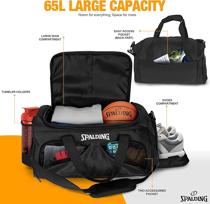 Spalding Gym Bag for Men & Women Duffle Bag with Wet & Shoe Compartment - 55L Capacity Large Workout Bags for Travel, Sports