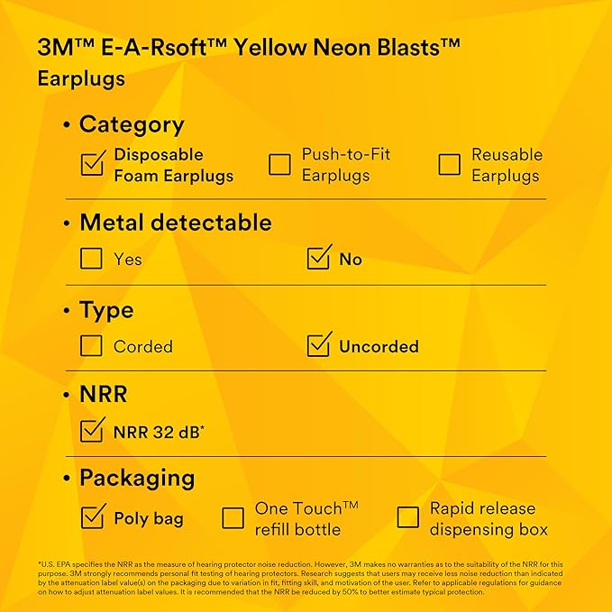 3M Ear Plugs, 200 Pairs/Box, E-A-Rsoft Yellow Neon Blasts 312-1252, Uncorded, Disposable, Foam, NRR 33, Drilling, Grinding, Machining, Sawing, Sanding, Welding, 1 Pair/Poly Bag