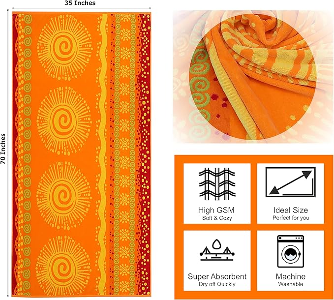 COTTON CRAFT Oversized Beach Towel - 2 Pack 35x70 XL Towels - 100% Cotton Big & Huge Pool Bath Towel - Plush Terry Jacquard Velour 450 GSM Super Soft Absorbent Luxury - Sunshine Orange Yellow