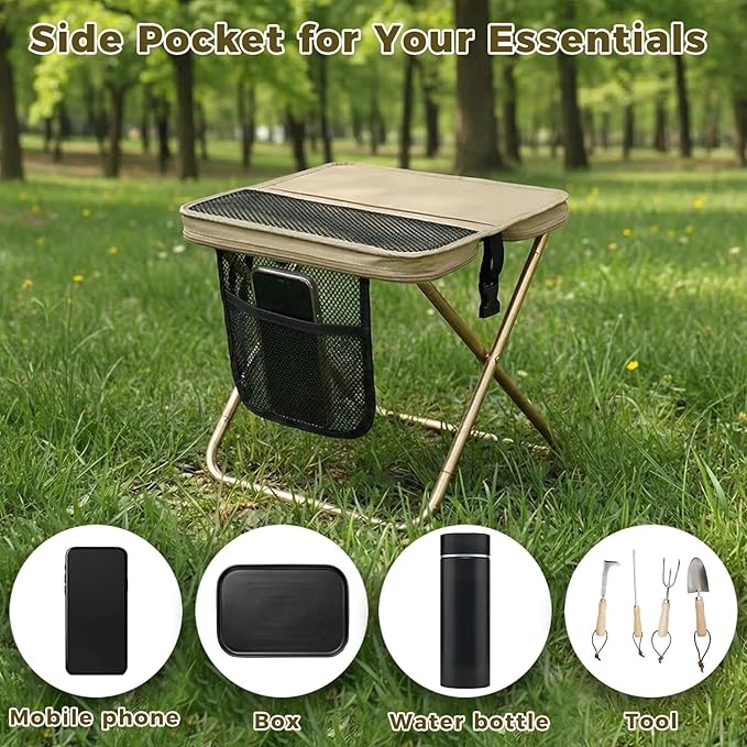 12" Portable Collapsible Stool - Folding Chair with Storage Pouch, Convertible Satchel for Hands-Free Carry & Supports 265Lbs, Ultralight for Hiking, Fishing, Camping, Festivals (Khaki, Standard)