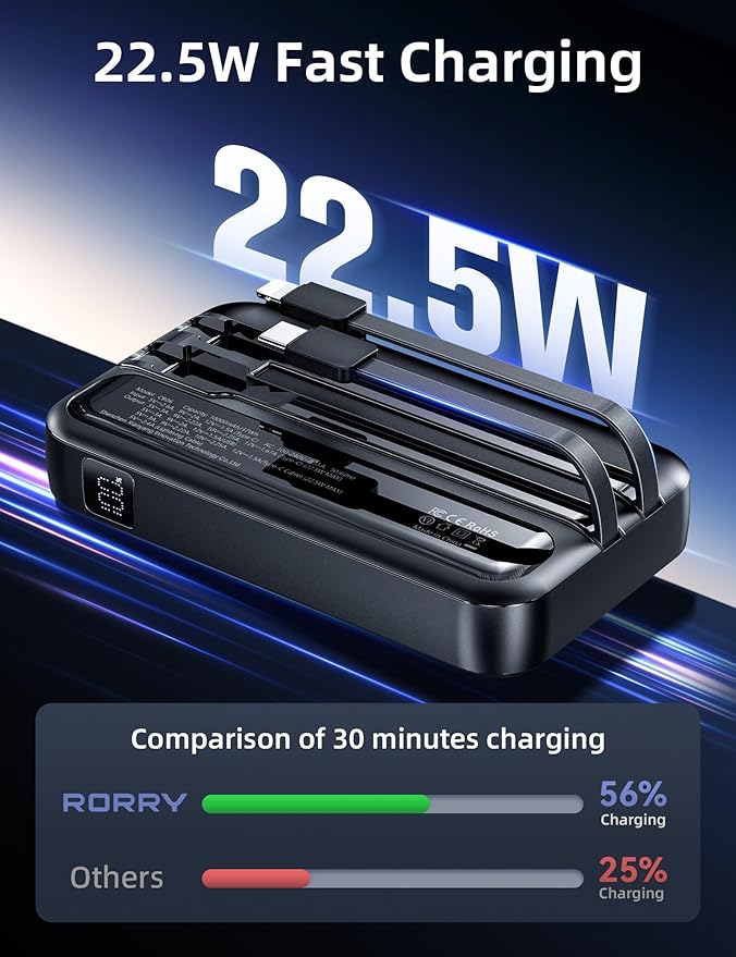 RORRY Portable Charger Built in Cables, AC Wall Plug In Portable Charger Power Bank 10000mAh Travel Battery Pack 22.5W Fast Charging for iPhone 17/16/15 Samsung Galaxy S25/S24/S23 Pixel LG iPad, Black