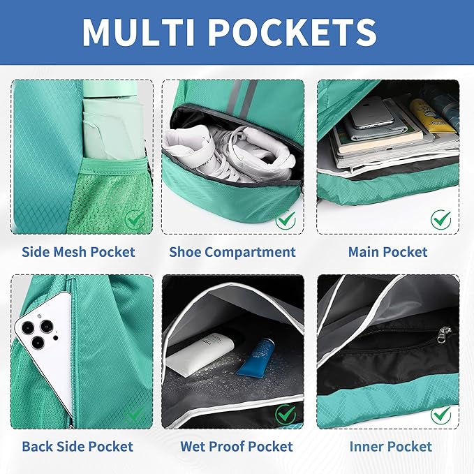 JELUTAR Drawstring Backpack Gym Bag with Shoes Compartment for Soccer, Basketball, Swim, Water-Resistant String Backpack Beach Cinch for Women Men, Mint Green