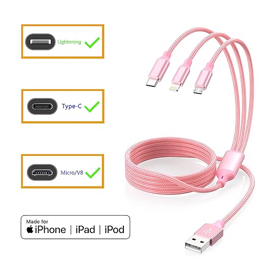 Multi Charging Cable 4ft 3Pack 3 in 1 Charger Cord, Multiple Rapid Nylon Braided Cable USB Charging Cable Multi Phone Charger Cord with Type C Micro Lightning USB Connectors for Cell Phones Pink