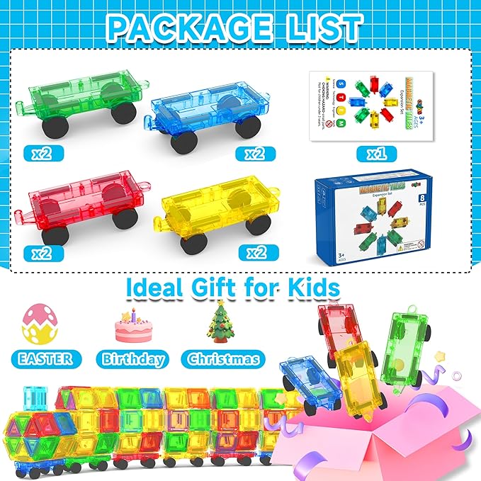 Mini Magnetic Tiles Cars Construction Set - 8 PCS Magnetic Car Base Compatiable with Mini & Standard Tiles, Magnet Building Blocks Expansion Set, Magnet Bricks Truck Toy for Boys & Girls