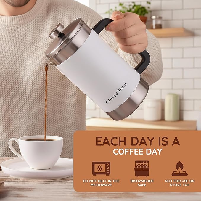 1.6L French Press Coffee Maker, 54oz Large Capacity French Press Stainless Steel Brewer with Double Filter Mesh for Kitchen Travel Camping, Hot & Cold Brew Coffee Maker Gifts (White)