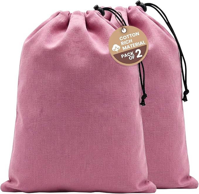 LFH Cotton Rich Shoe Storage Bags with Drawstring, Dustproof Breathable Reusable Organizer, Perfect For Travel, Dorm, Hotel, College, Gym, Easy to Carry, Machine Washable 12"x17" (Pack of 2) - Pink
