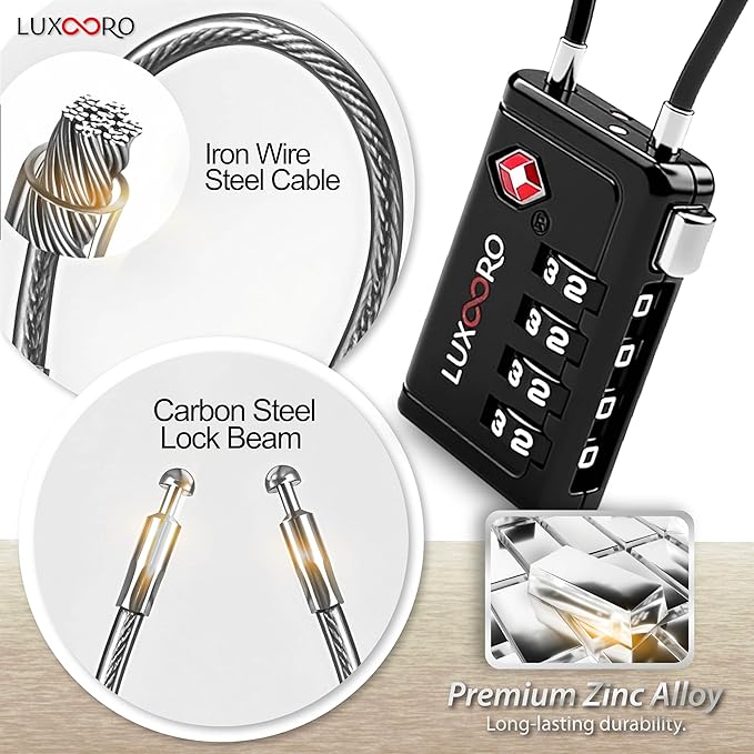 TSA Approved Luggage Lock with Alert Indicator, 4-Digit Resettable Combination, Durable Zinc Alloy Travel Lock for Suitcase, Backpack, Toolbox, Locker, All-Purpose, keyless – Black (2 Pack)