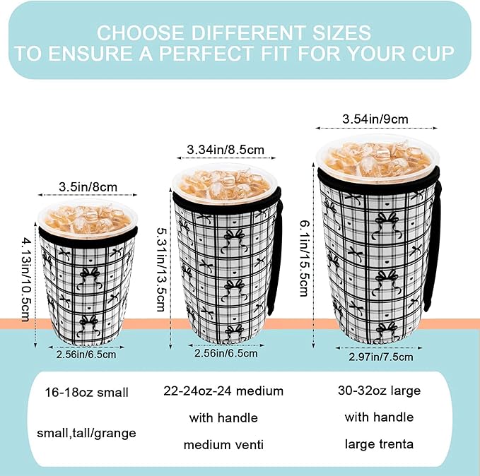 KJQJLY 3 Pack Reusable Iced Coffee Sleeves for Iced Coffee Cups or Drinks Reusable Neoprene Insulated Sleeves for Hot and Cold Drinks from Starbucks, Dunkin, And More (Black Bow)