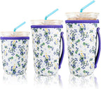 KJQJLY 3 Pac Reusable Iced Coffee Sleeves for Iced Coffee Cups or Drinks Reusable Neoprene Insulated Sleeves for Hot and Cold Drinks from Starbucks, Dunkin, And More (Little Orchid)