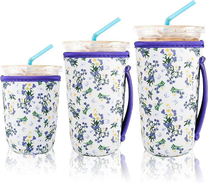 KJQJLY 3 Pac Reusable Iced Coffee Sleeves for Iced Coffee Cups or Drinks Reusable Neoprene Insulated Sleeves for Hot and Cold Drinks from Starbucks, Dunkin, And More (Little Orchid)
