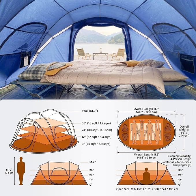 4/6 Person Easy Pop Up Tent,Camping Tent with Skylight and Rainfly,Waterproof,Quick Setup-Instant Tents for Camping Outdoor