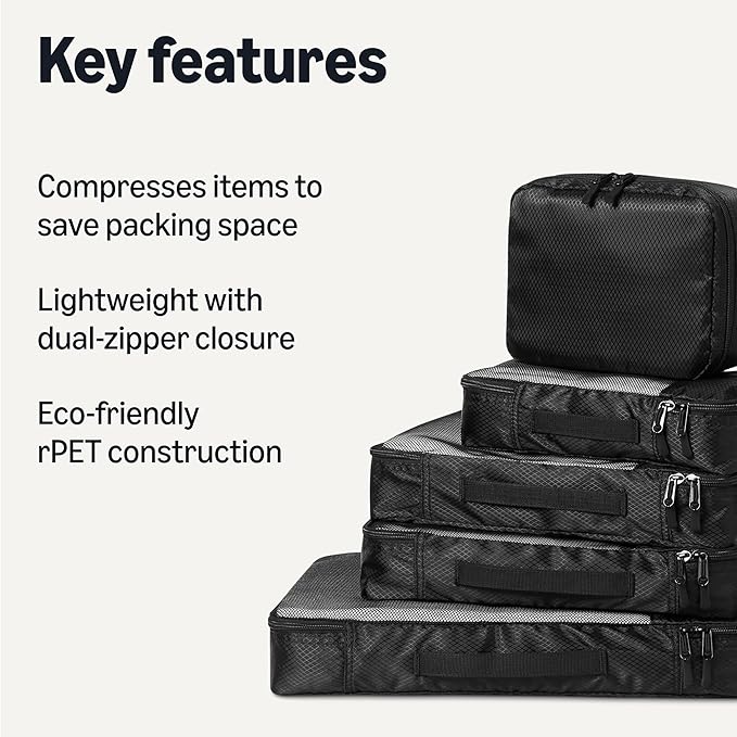Amazon Essentials 8-Piece Packing Cubes Travel Accessories Set, Luggage Organiser with Double Zip, rPET Construction, Space-Saving Design, Black