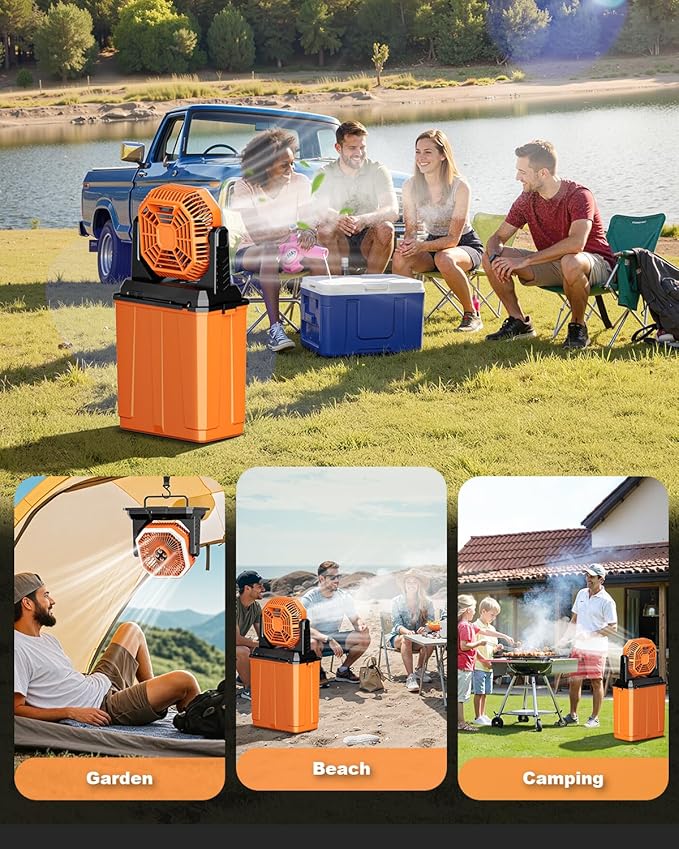 Orteen Portable Misting Fan, Rechargeable Outdoor Cooler, Battery Operated Personal Fan with3 Speeds & 8L Bucket for Patio, Camping,Hiking, Backyard, Travel, Desk,Pool, Beach