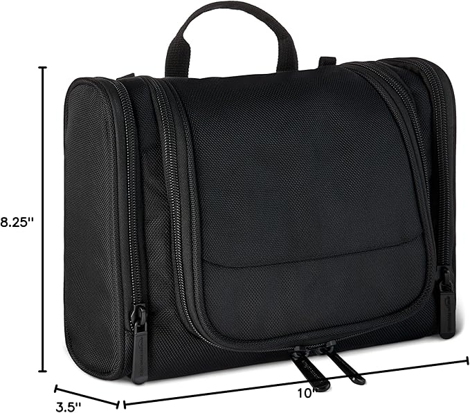 Amazon Essentials Spacious Toiletry Bag, Hanging Cosmetic Dopp Kit with Multiple Compartments, Durable 1680D Polyester, Large Capacity Storage, Compact Design, Black (Previously Amazon Basics)
