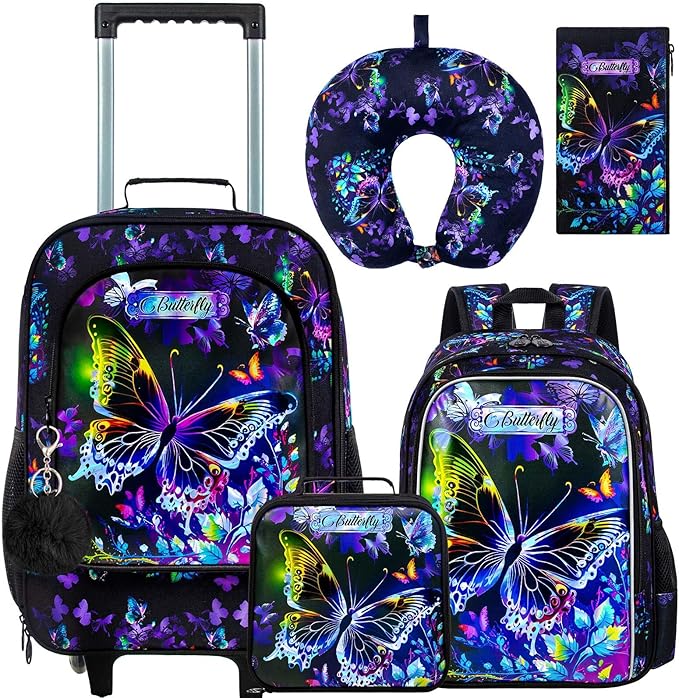 HPJGD 5PCS Girls Suitcase Set, Kids Water-Resistant Rolling Luggage, Cute Butterfly Travel Carry-On for Elementary/Preschool Toddler
