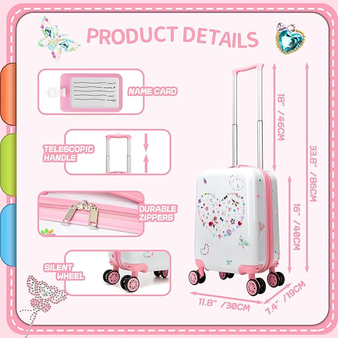 Kids Luggage Sets 2 Piece Pink Rolling Suitcases for Girls with Wheel Shardshell 16" Travel Suitcase with 10 Sheets Gem Stickers