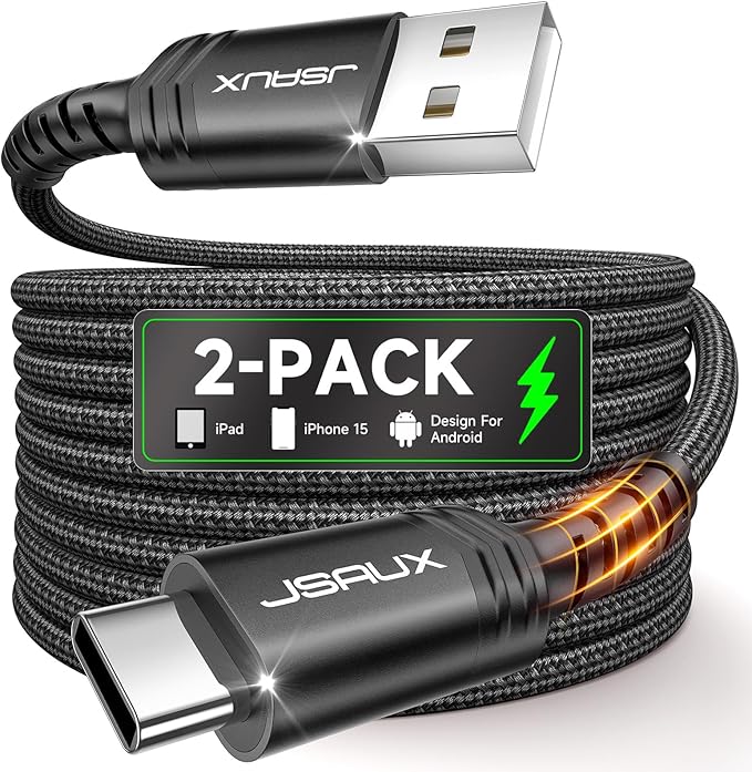 JSAUX USB C Cable [2-Pack 10ft], USB A to USB Cord Fast Charging for iPhone Air, iPhone 17, iPhone 17 Pro, iPhone 17 Pro Max, iPhone 16/iPhone 15 Series, Samsung S20 S10, Note 20 10, Car Play-Black