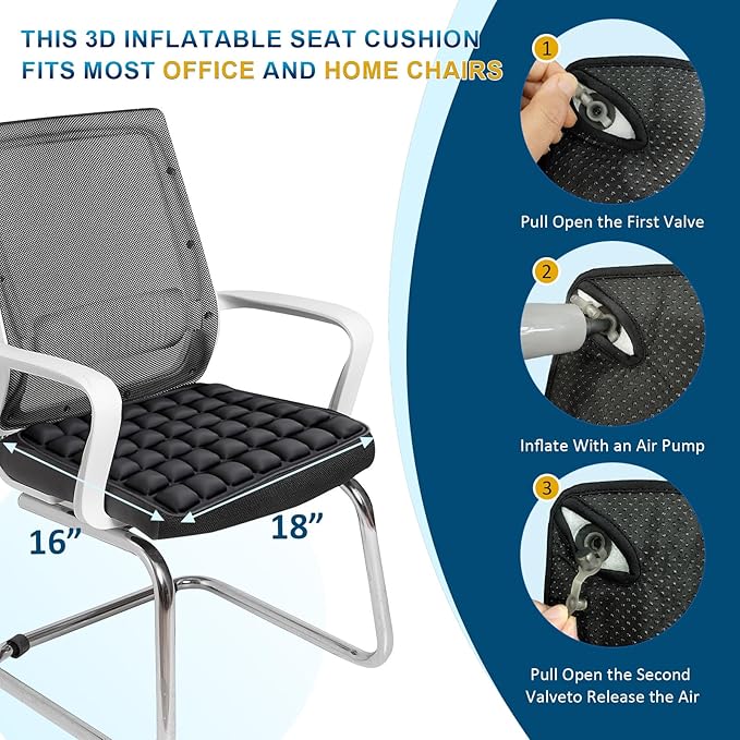 Inflatable Airplane Seat Cushion, Comfort 3d Air Cell Seat Cushion, Tailbone Pain Relief for Long Distance Sedentary People to Use (Black, 16*18in)