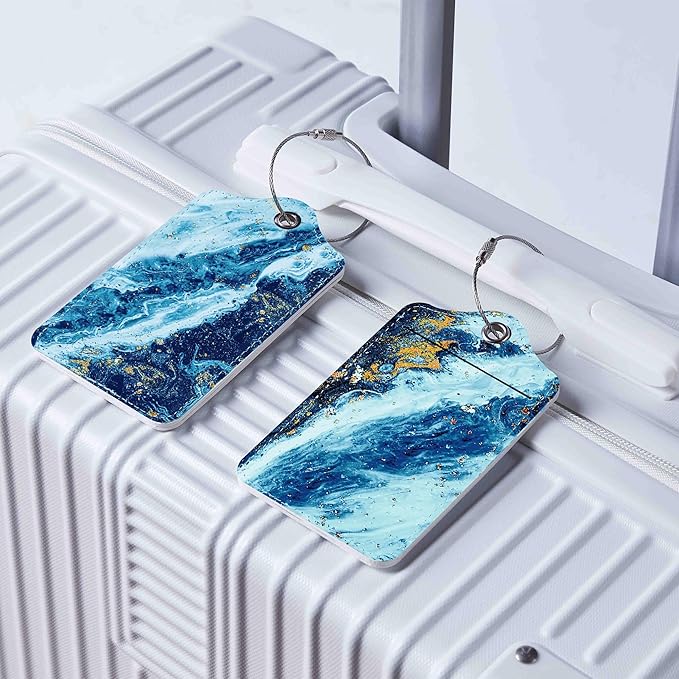 Luggage Tags for Suitcases, 2 Pack Cute PU Leather Suitcase Tag Identifiers TSA Approved with Stainless Steel Loop and Address Card for Baggage Tag for Travel Essentials Sandy Wave, by Chelmon