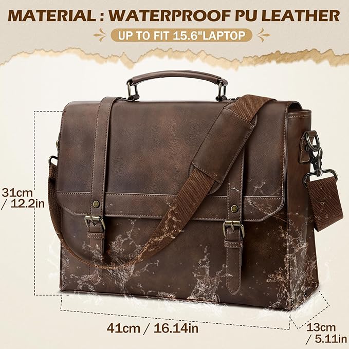 IGOLUMON Messenger Bag for Men 15.6 inch Vintage Leather Waterproof Laptop Briefcase for Men Large Computer Laptop Bag Leather Satchel Bag Retro Shoulder Bag for Office Business College, Dark Brown