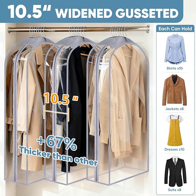 BALEINE 48'' Clear Garment Bags, 10.5'' Wide PEVA Suit Bag for Closet Clothes Dresses Suit Coats Storage (Clear, 1PK)