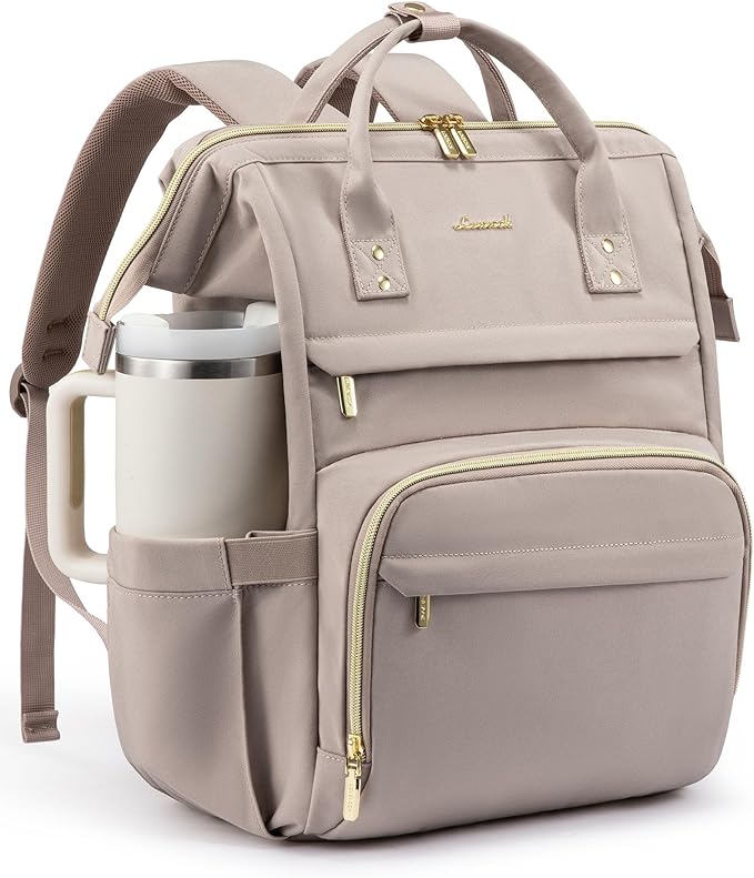 LOVEVOOK Laptop Backpack for Women with Giant Tumbler Holder Pocket,15.6 inch Waterproof Travel Backpack Purse Computer Laptop Bag,Professional Work College Nurse Teacher Backpack Daypack,Grayish-pink