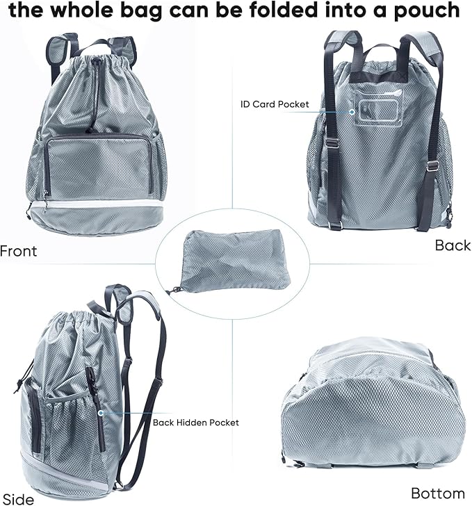 Swim Beach Sports Drawstring Backpack - Gym Bag with Shoes Compartment and Waterproof Pocket for Gym Accessories, Swim Essentials - Kids Mens Beach Workout Bag