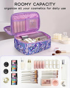 Relavel Travel Makeup Bag, Small Floral Cosmetic Bag with Makeup Brush Compartment, Portable Makeup Pouch for Women, Double Layer Cute Toiletry Organizer Bag, Purple Flower