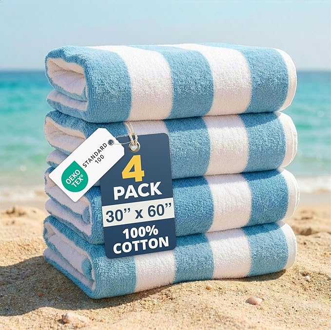 LANE LINEN 100% Cotton Beach Towel- Pack of 4 Beach Towels Set, Cabana Stripe Pool Oversized Beach Towels for Adults (30" x 60”), Highly Absorbent, Large Beach Towel, Quick Dry Towel - Light Blue