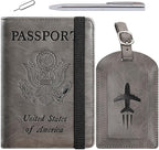 Passport Holder With Luggage Tag Travel Essentials Passport Cover Wallet RFID Blocking Leather Case International Must Haves Travel Accessories Women Men(115#Grey)