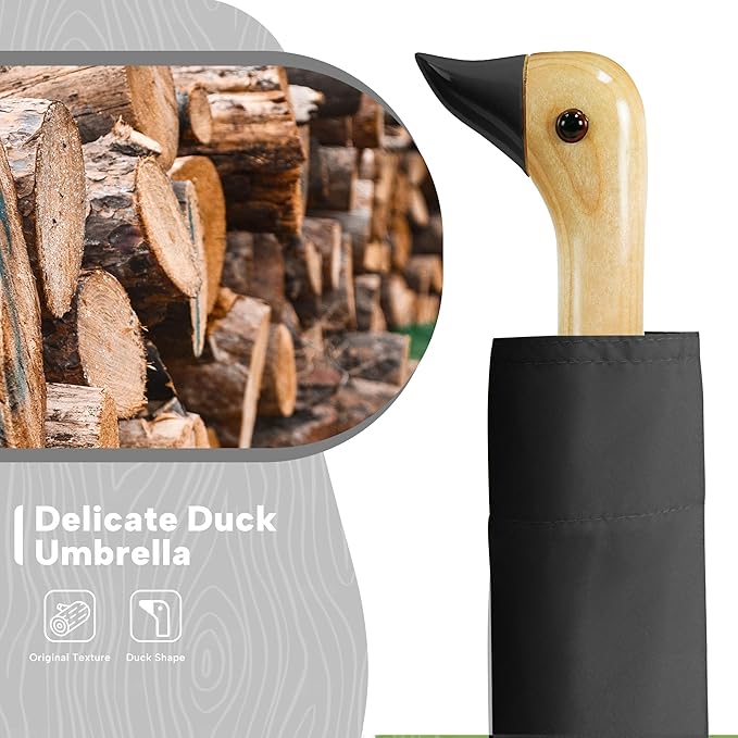 Compact Small Umbrellas for Rain&Sun, Cute Design Duck Head Umbrella for Girls Gifts, 8 Ribs Folding Umbrella with Wooden Handle