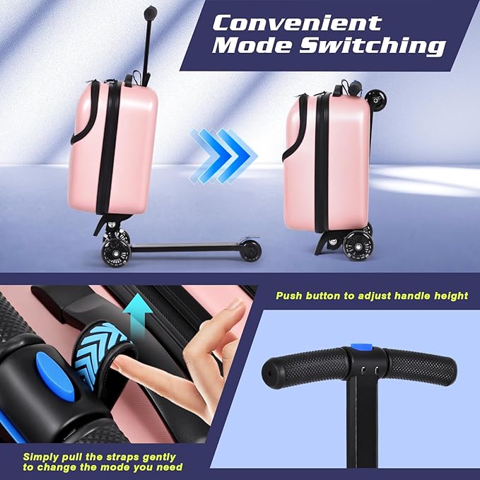 smilesun Foldable Ride On Scooter Suitcase with Front Opening, Lightweight Carry On Scooter Luggage for Adults, Teens & Kids（Pink 20-inch）