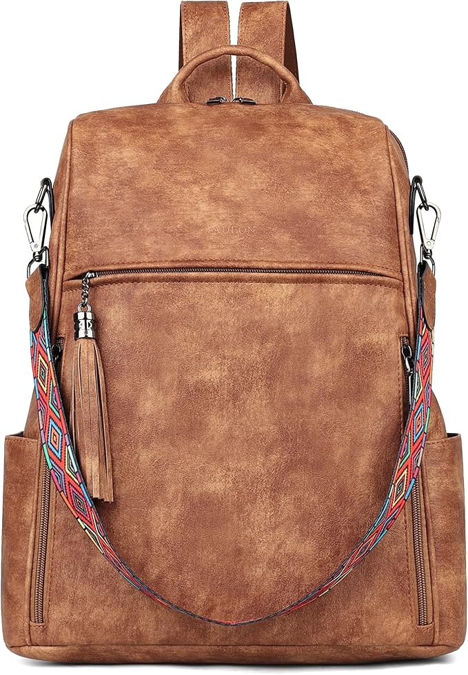 FADEON Leather Laptop Backpack for Women Designer 15.6 inch PU Laptop Bag, Ladies Travel Computer Work Backpack Brown