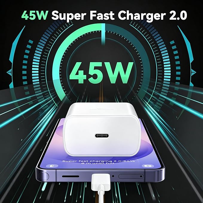 45W Super Fast Charger USB C Android Phone Type C Charger Fast Charging Block with 6.6FT Cord for Samsung Galaxy S26/S26 Ultra/S26+/S25 Ultra/S25/S24 Ultra/S24/S23 Ultra/S22/S21/S20/Note 10, White