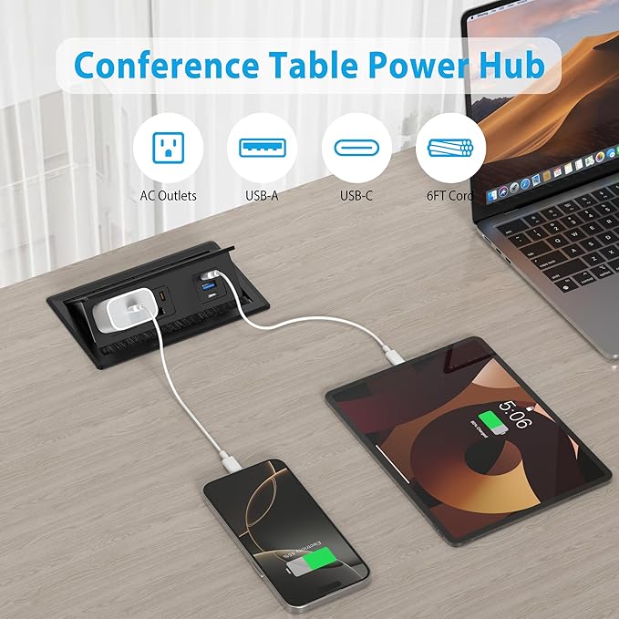 Table Power Outlet Hub PD20W USB-C Fast Charging Station, Recessed Outlet with 2AC Outlets and USB Ports for Conference Room Kitchen Countertop, Black